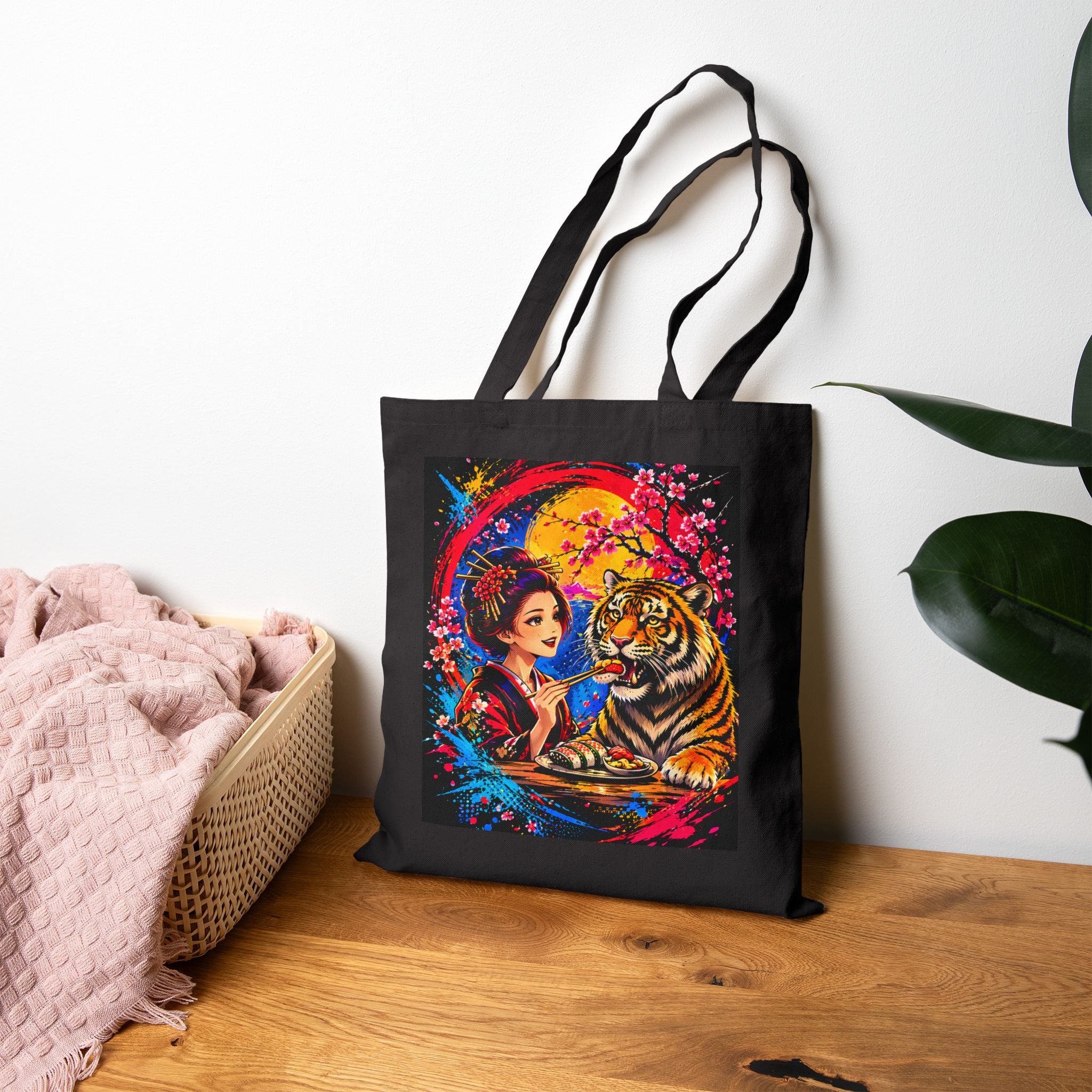Canvas Tote Bag — Woman and Tiger Vibrant Moonlight Art Tote