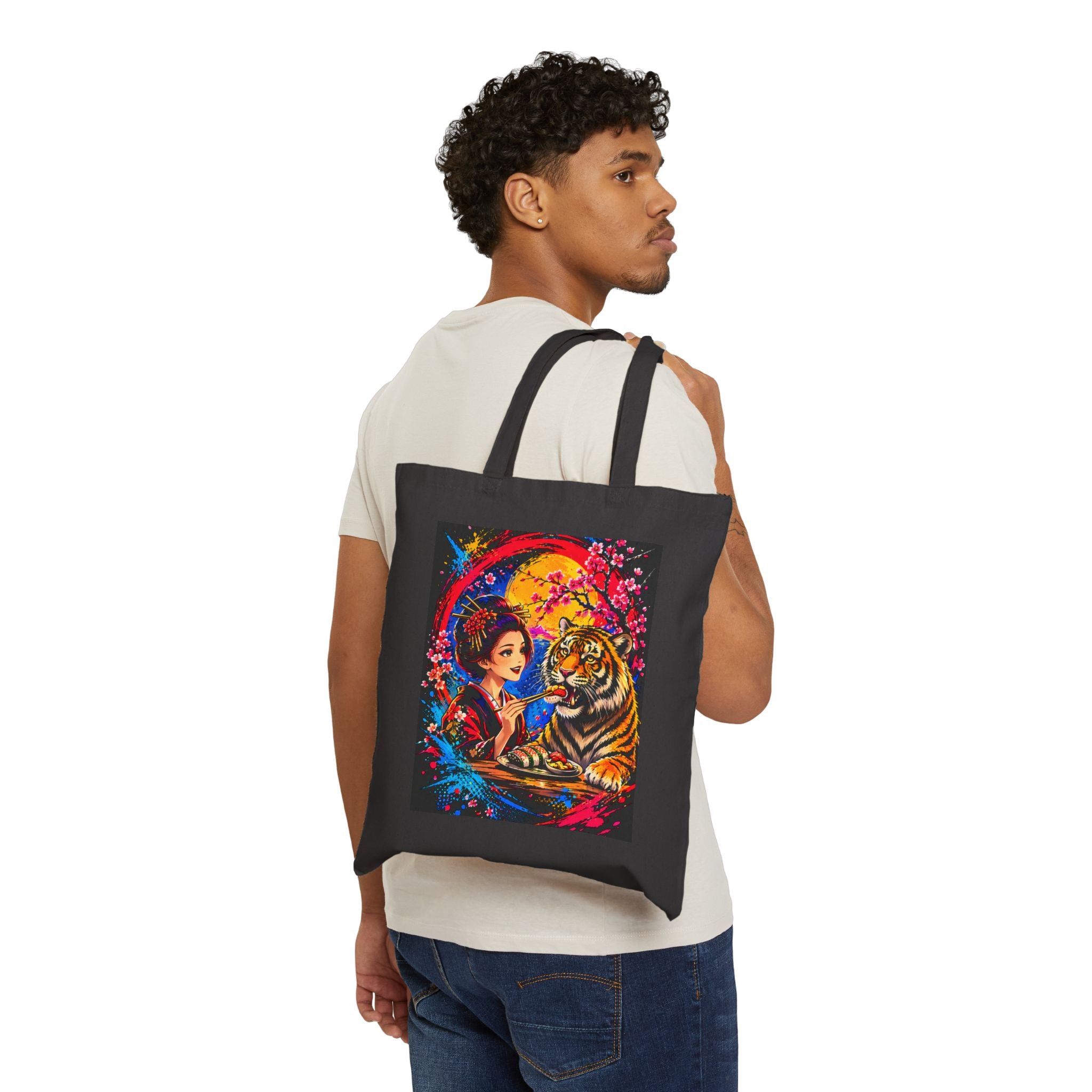 Canvas Tote Bag — Woman and Tiger Vibrant Moonlight Art Tote