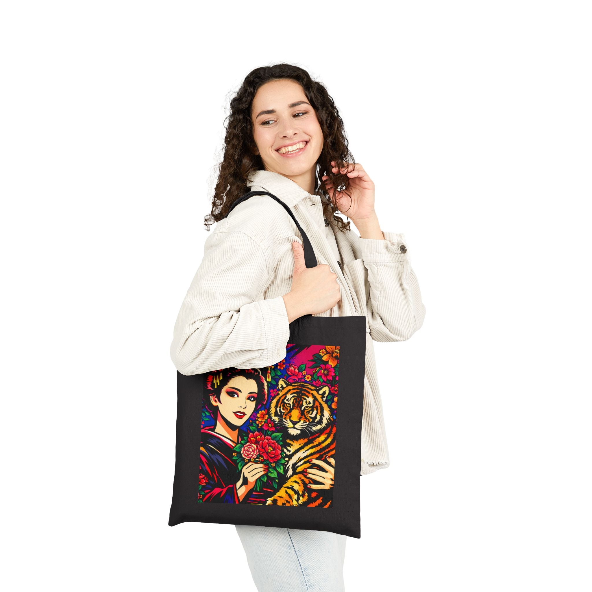 Tiger & Geisha Art Tote Bag — Vibrant Floral Asian-Inspired Canvas Tote