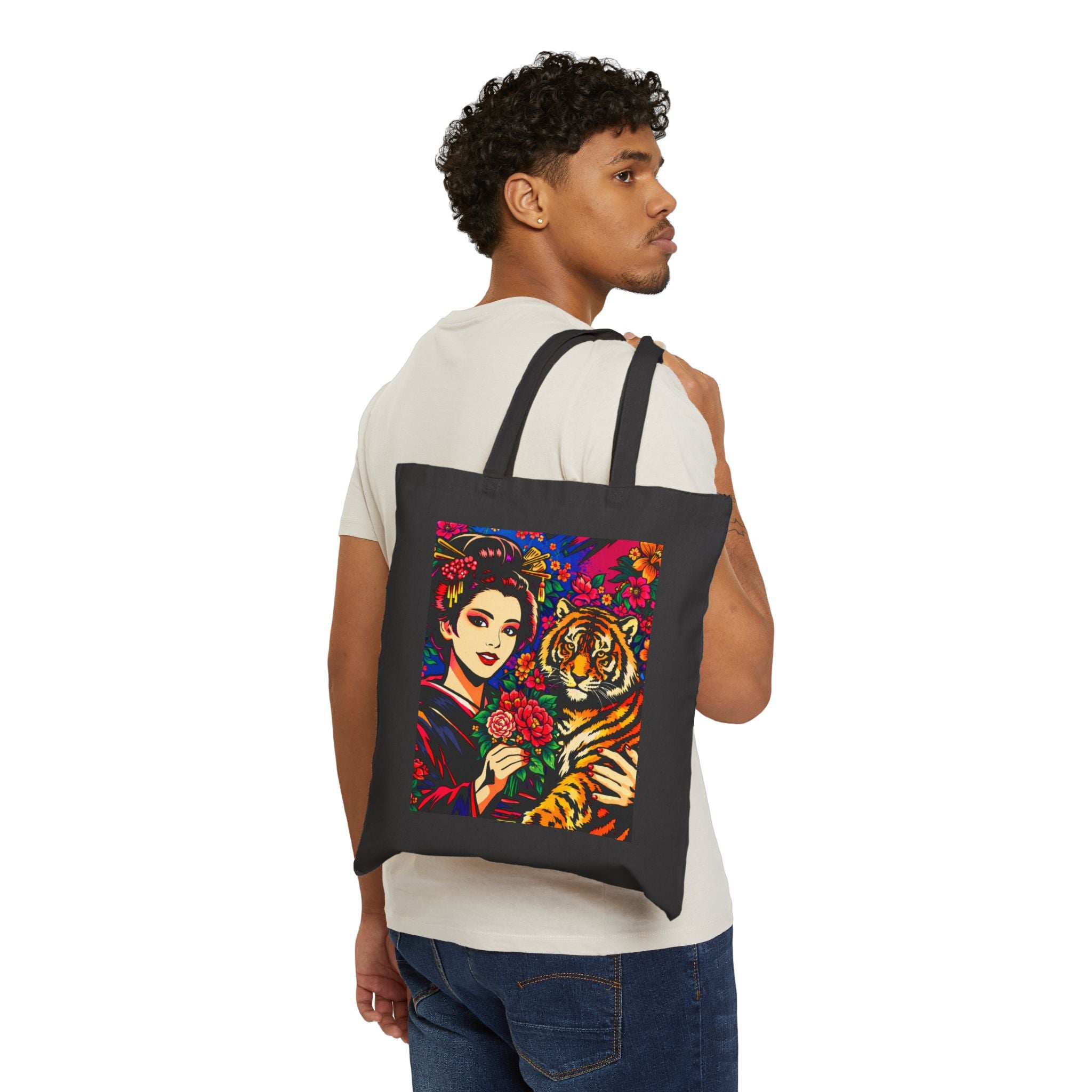 Tiger & Geisha Art Tote Bag — Vibrant Floral Asian-Inspired Canvas Tote