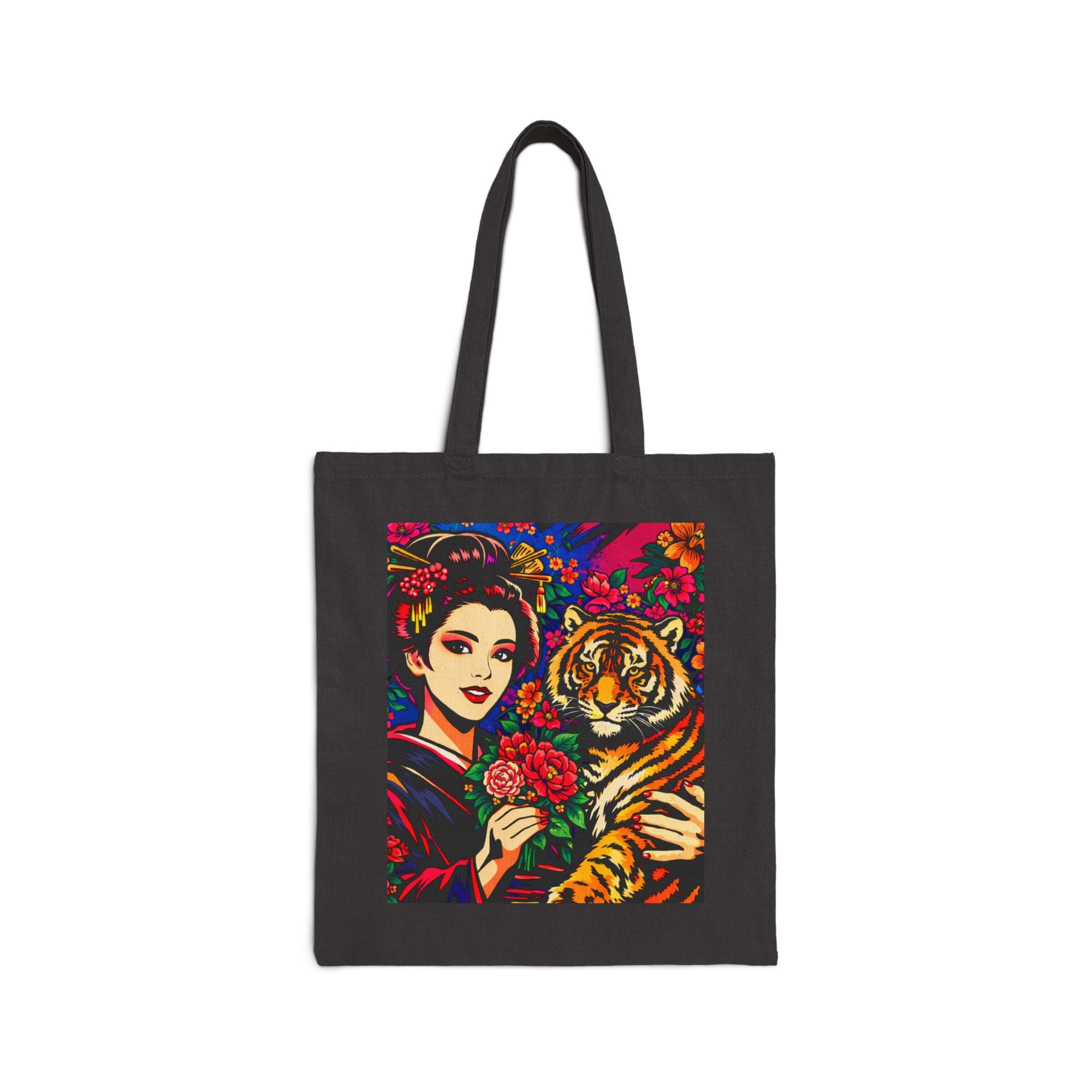 Tiger & Geisha Art Tote Bag — Vibrant Floral Asian-Inspired Canvas Tote