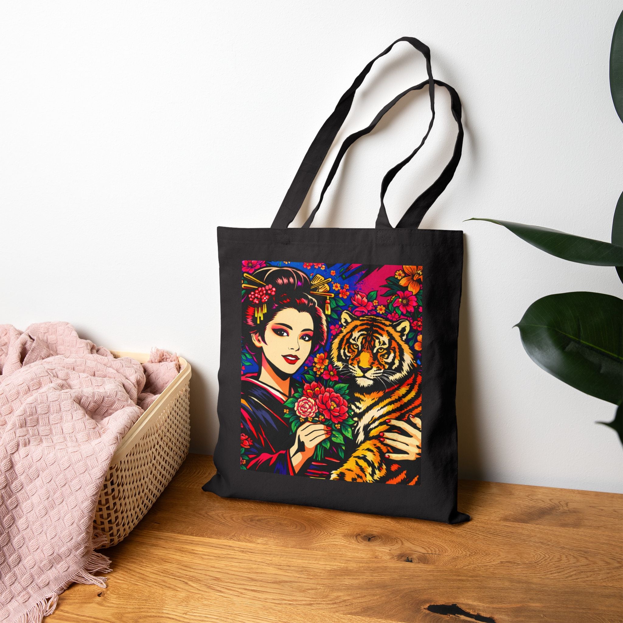 Tiger & Geisha Art Tote Bag — Vibrant Floral Asian-Inspired Canvas Tote