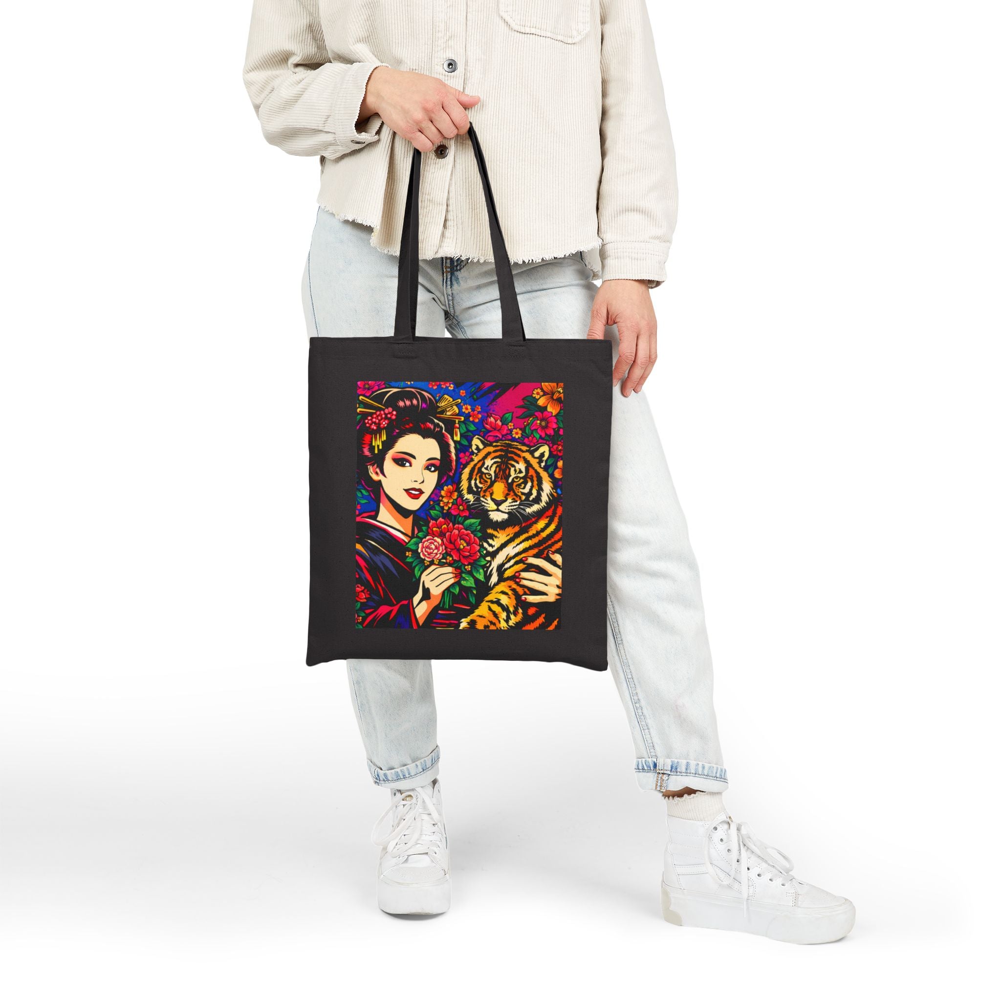 Tiger & Geisha Art Tote Bag — Vibrant Floral Asian-Inspired Canvas Tote