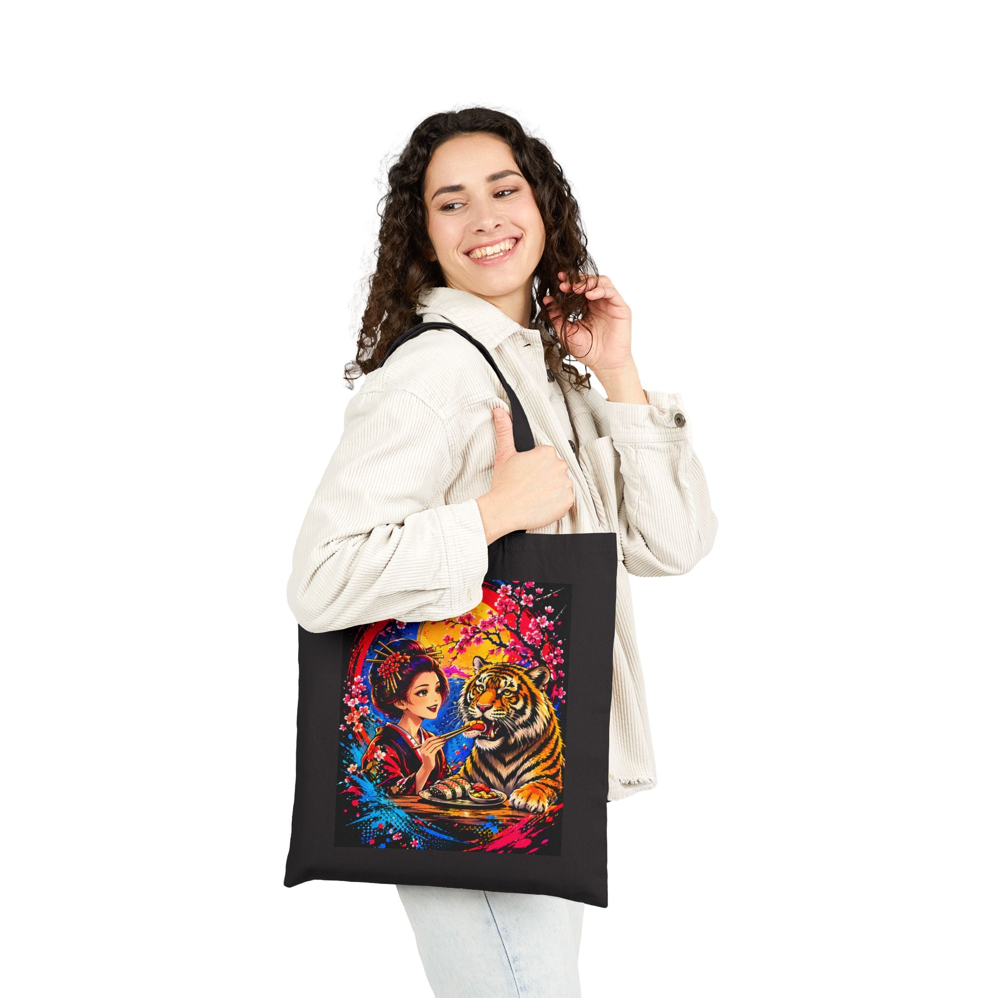 Canvas Tote Bag — Woman and Tiger Vibrant Moonlight Art Tote