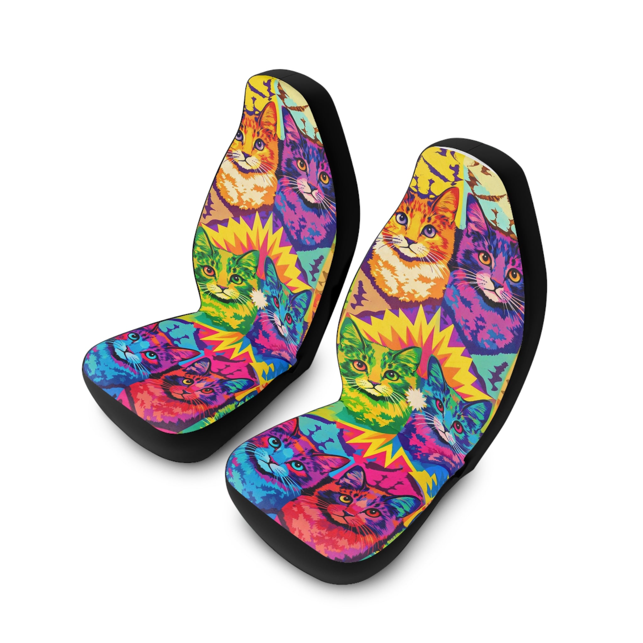 Cat Pop Art Car Seat Covers — Colorful Polyester Front Seat Protectors