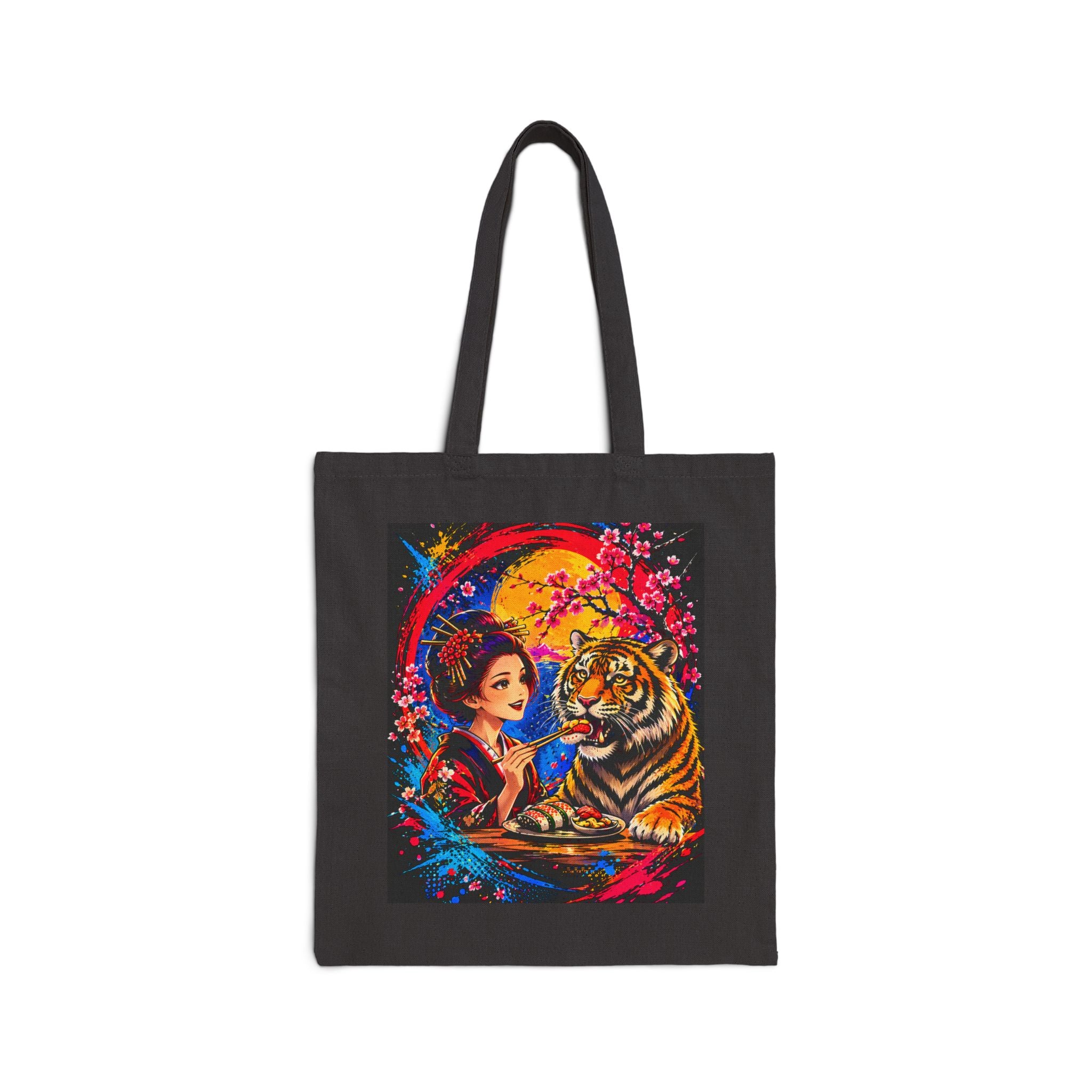 Canvas Tote Bag — Woman and Tiger Vibrant Moonlight Art Tote